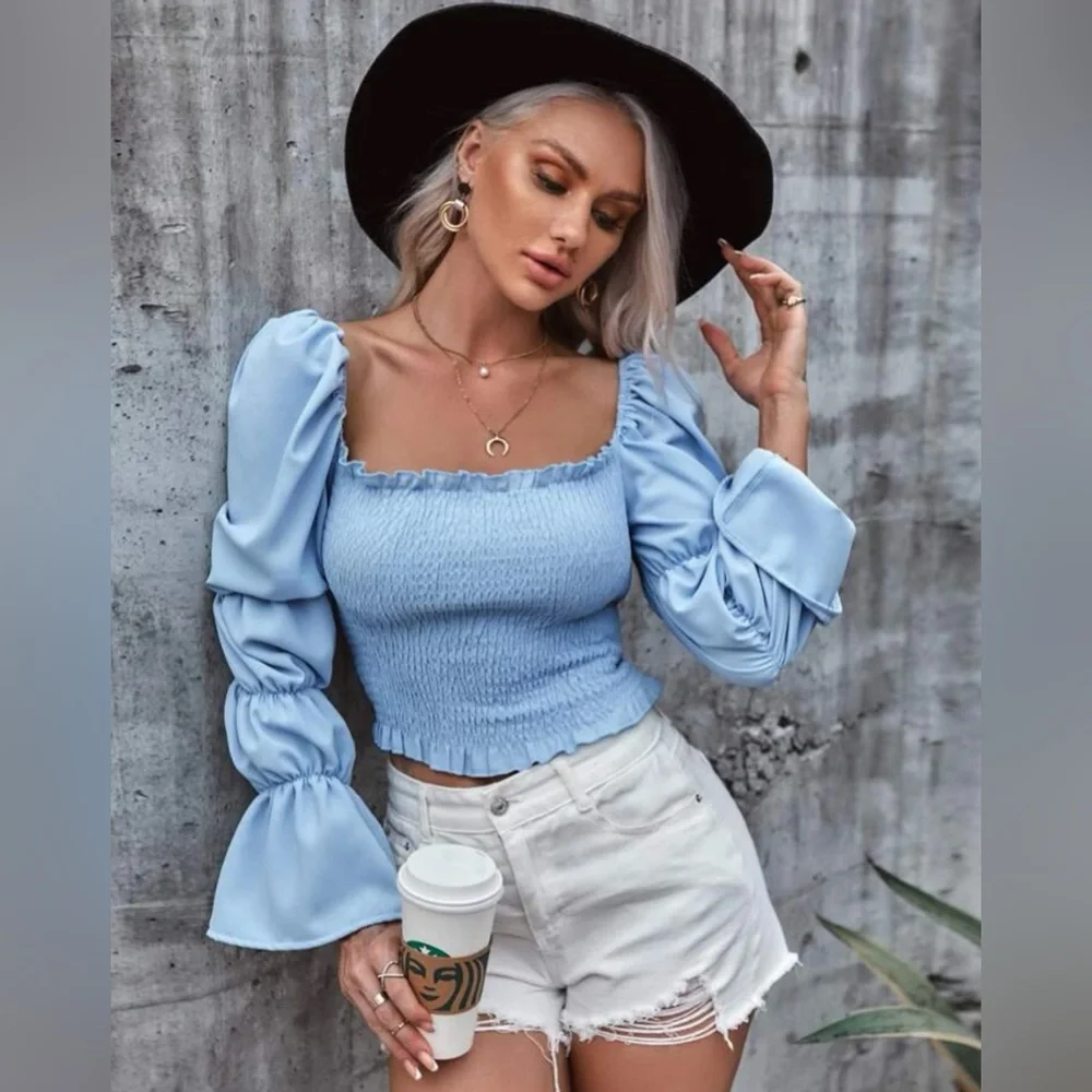 Shirred Bubble Sleeve Top Light Blue Womens Extra Small / XS
